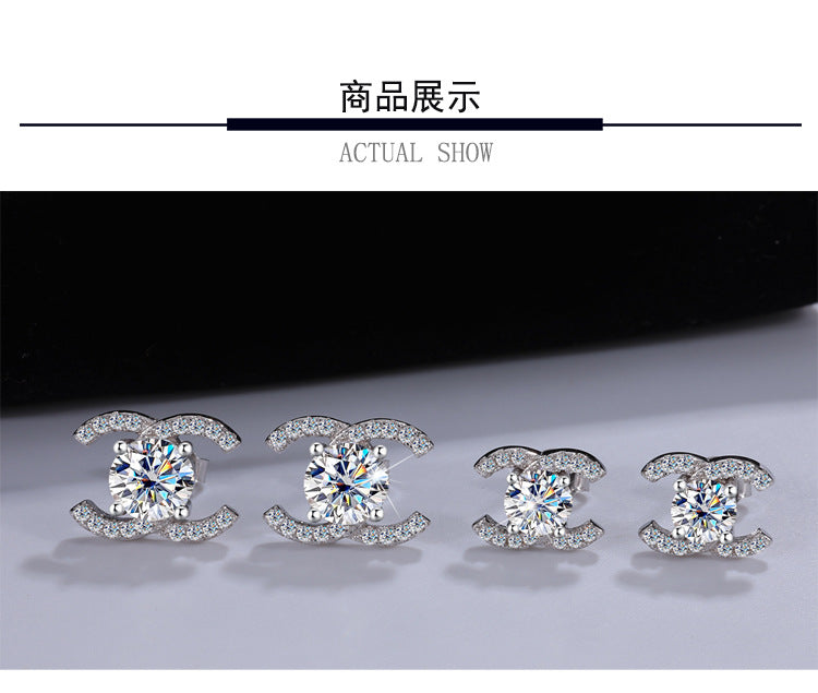 Best seller in europe and america925Sterling Silver Double C Moissanite Earrings for Women Moissanite Diamond Earrings Chanel Style High-end Feel Factory Wholesale