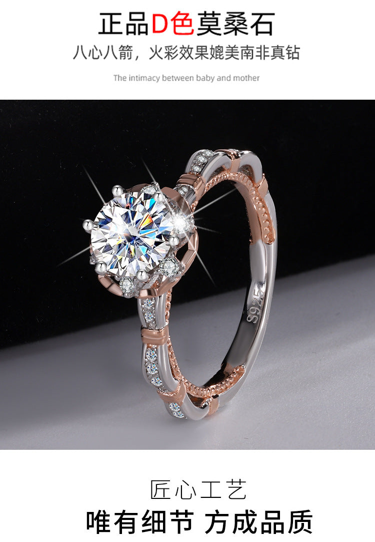 Europe and america cross border S925Sterling Silver Moissanite Princess Rose Handheld Flower Diamond Ring Six-Prong Luxury Cluster Setting Color-Blocked Women's Ring