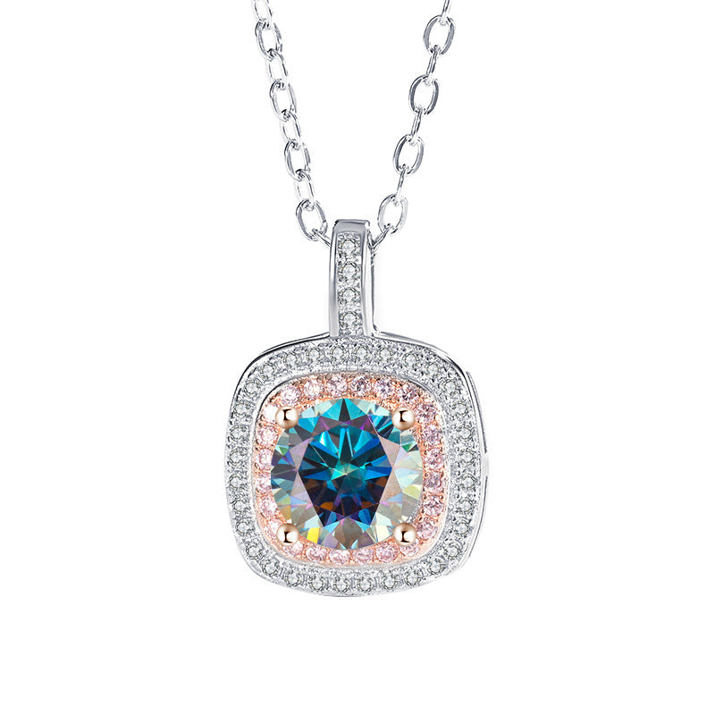 Exclusive for cross-border S925Sterling Silver Square Pendant Necklace for Women with Micro Pave Moissanite Diamond Pendant Clavicle Chain Wholesale for Live Streaming