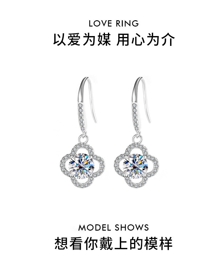 Cross-Border S925Sterling Silver Moissanite Four-Leaf Clover Ear Hooks Xiaohongshu Earrings Cluster Full Diamond Elegant Simple Women's Ear Jewelry