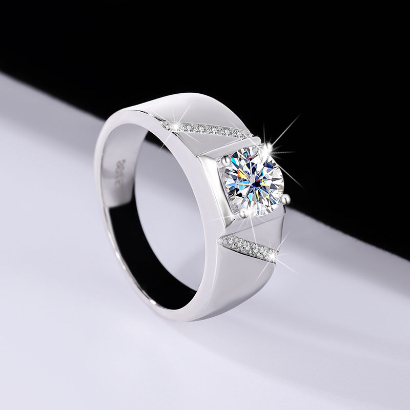 S925Pure Silver Psychic Moissanite Men's Ring Moissanite Ring Simple and Elegant Men's Ring Wedding Ring TikTok Kuaishou Live Streaming