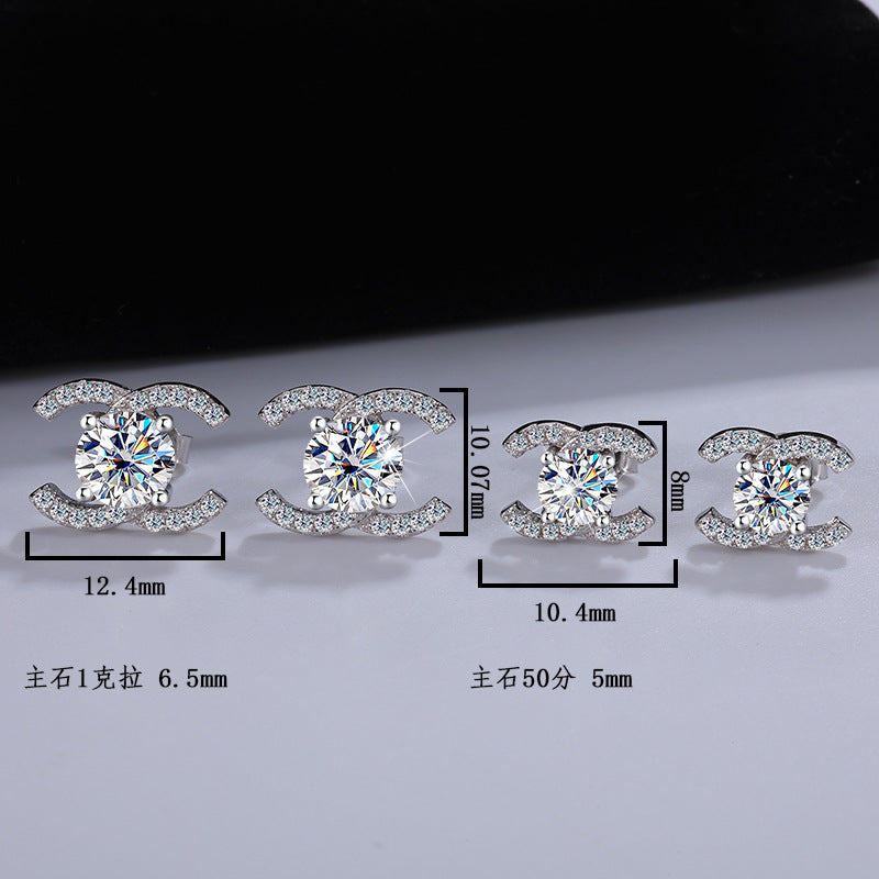 Best seller in europe and america925Sterling Silver Double C Moissanite Earrings for Women Moissanite Diamond Earrings Chanel Style High-end Feel Factory Wholesale