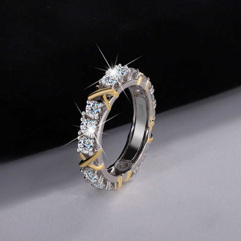Cross-Border S925Sterling Silver Classic Cross Two-tone Row Ring Moissanite Diamond Ring Moissanite Diamond Ring Female Factory Wholesale