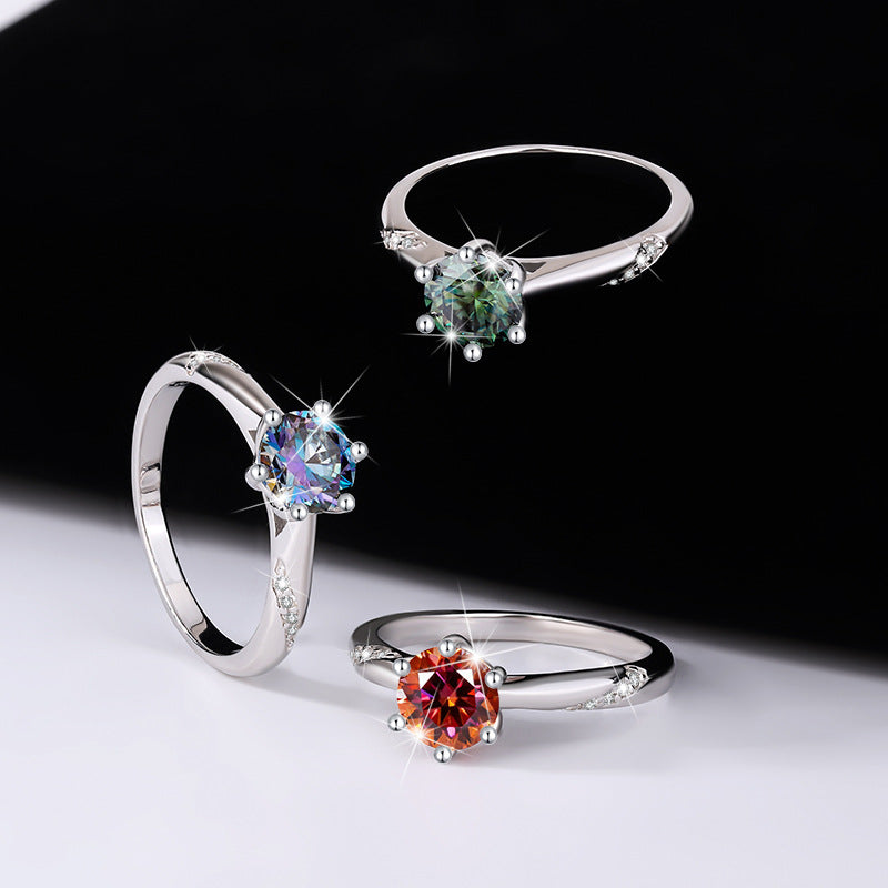 S925Silver Color Moissanite Diamond Psychic Style Six-Claw Wedding Pure Silver Ring Moissanite Stone Open Adjustable Women's Ring Direct from Manufacturer