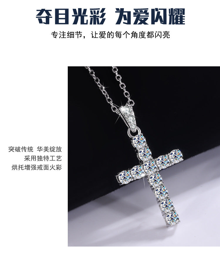 Exclusive for cross-border S925Sterling Silver Cross Necklace for Women with Moissanite Diamond Pendant, Popular Collarbone Chain for Live Streaming Wholesale