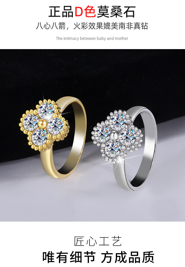 Exclusively for Europe and America S925Sterling Silver Moissanite Four-Leaf Clover Ring Full Diamond Moissanite High-End Women's Ring Factory Wholesale