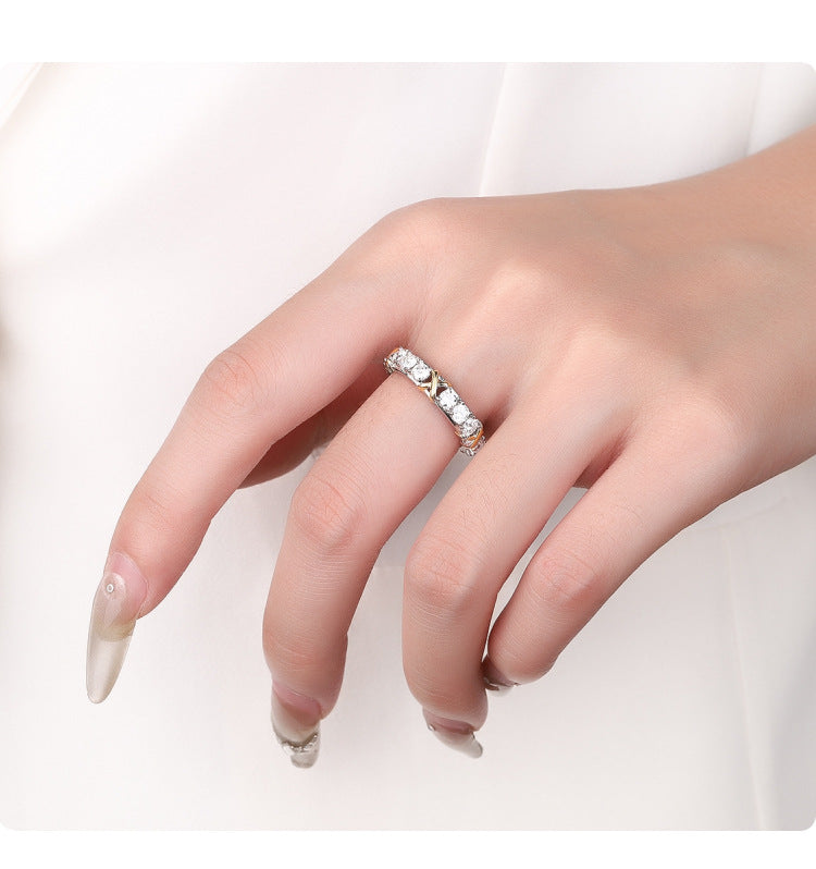 Cross-Border S925Sterling Silver Classic Cross Two-tone Row Ring Moissanite Diamond Ring Moissanite Diamond Ring Female Factory Wholesale