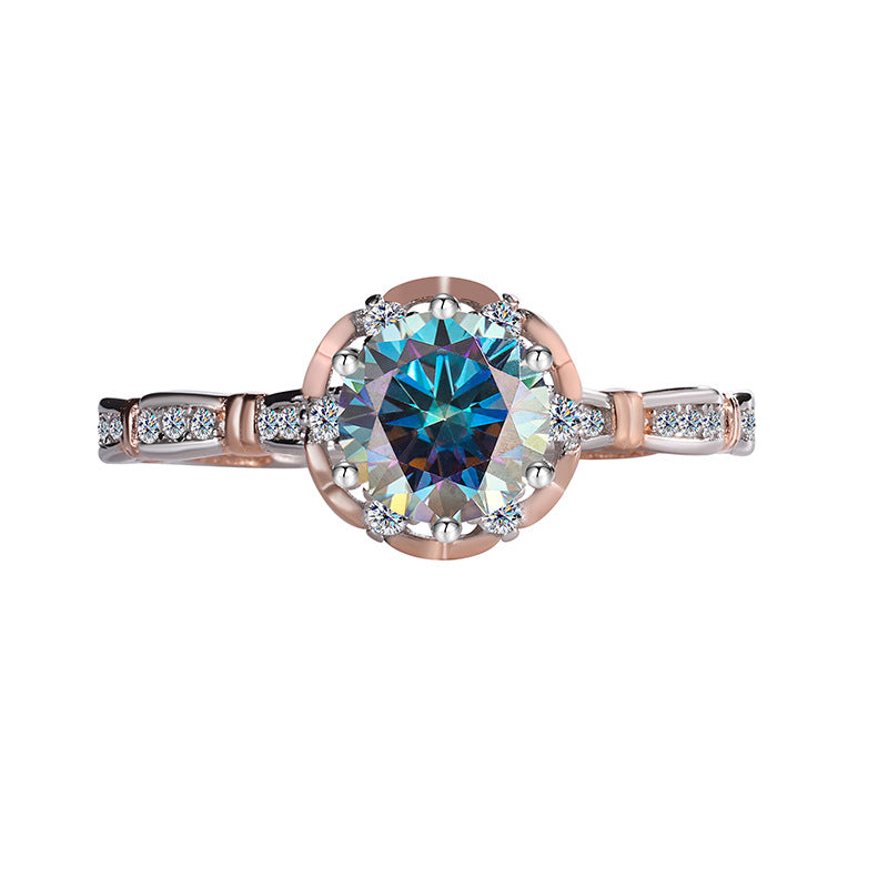 Europe and america cross border S925Sterling Silver Moissanite Princess Rose Handheld Flower Diamond Ring Six-Prong Luxury Cluster Setting Color-Blocked Women's Ring