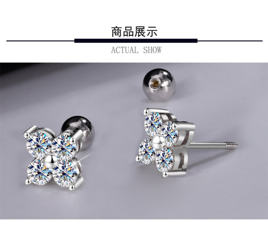 Europe and america cross border S925Sterling Silver Moissanite Four-Leaf Clover Screw Earrings Light Luxury High-End Jewelry Flower Full Diamond Wholesale