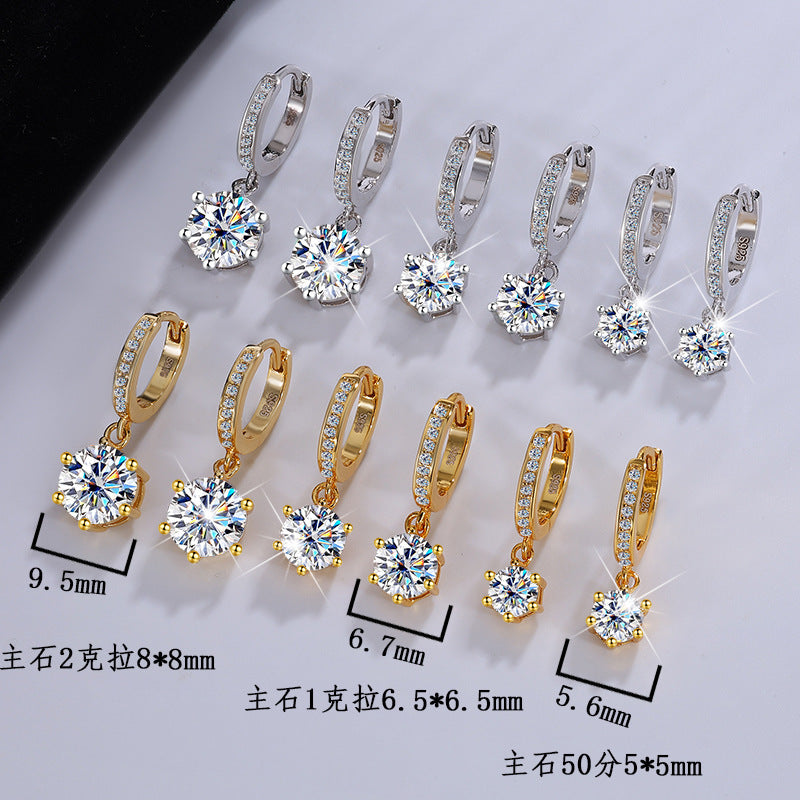 Exclusively for Europe and America S925Silver Classic Six-Prong Moissanite Earrings Moissanite Diamond Earrings for Women Versatile High-End Ear Clips Wholesale