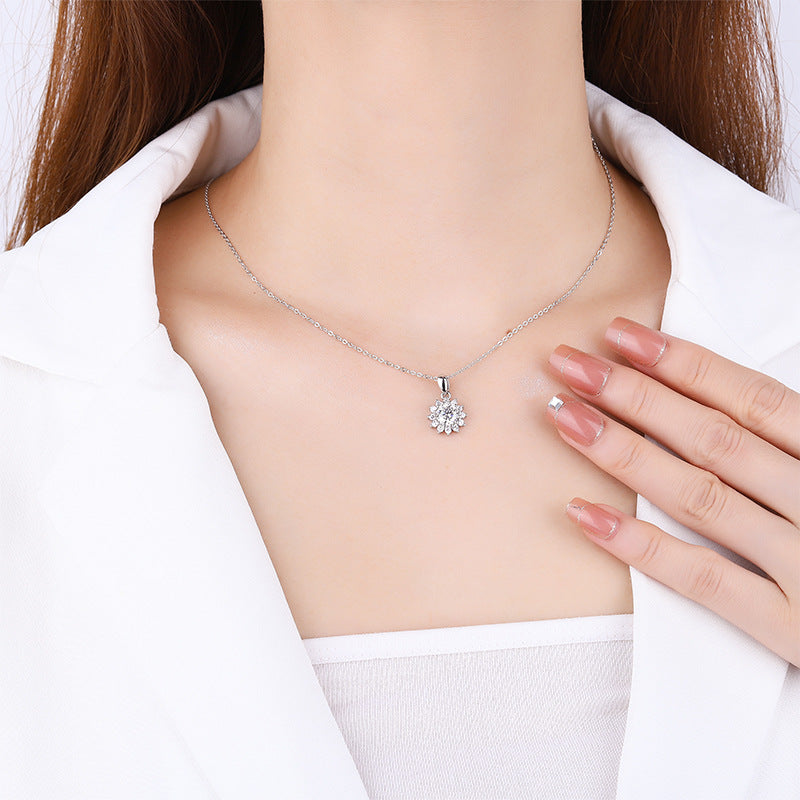 Genuine Moissanite Necklace for Women, Pure Silver Sunflower Diamond Pendant, Women's Light Luxury Versatile Collarbone Chain, Birthday Gift