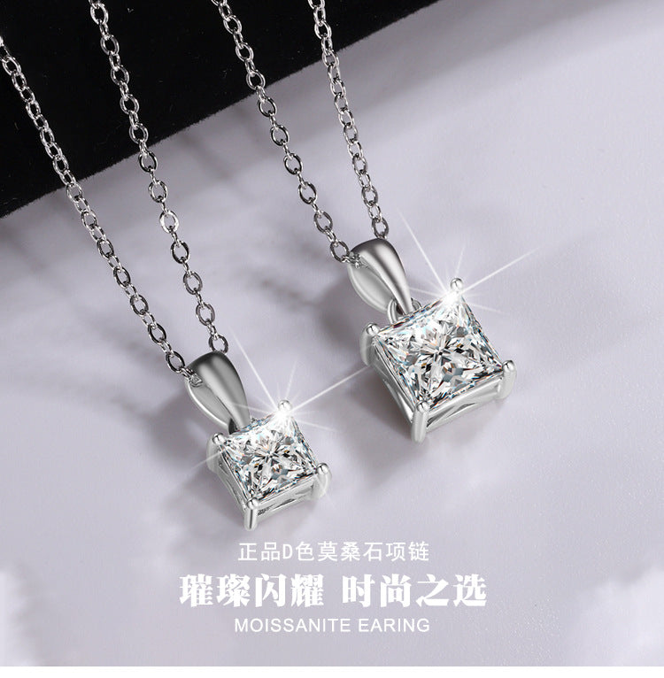 Cross-Border S925Sterling Silver Moissanite Necklace Irregular Diamond Princess Cut Pendant Women's Fashion Collarbone Chain Factory Wholesale