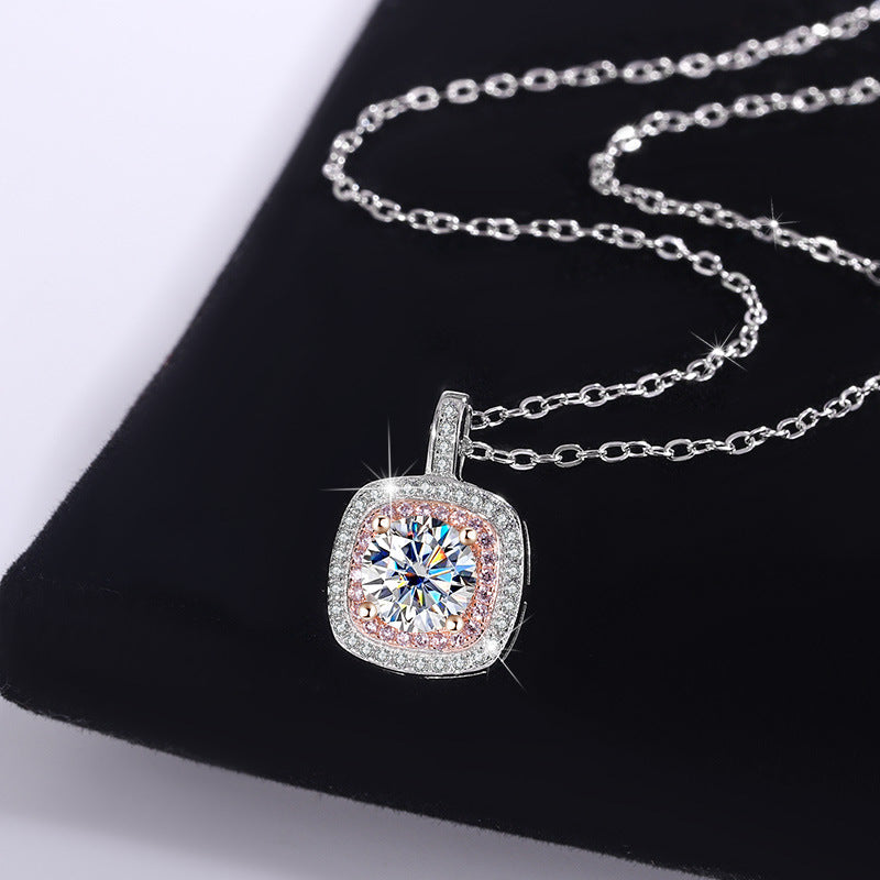 Exclusive for cross-border S925Sterling Silver Square Pendant Necklace for Women with Micro Pave Moissanite Diamond Pendant Clavicle Chain Wholesale for Live Streaming