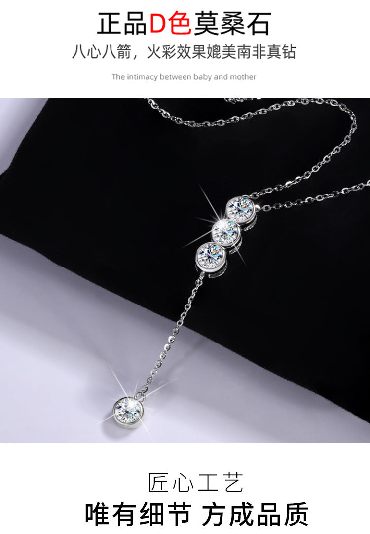 Cross-Border S925Pure Silver Tassel Necklace for Women with Moissanite Diamond Pendant, Simple and Luxurious Versatile Collarbone Chain, Wholesale from Manufacturer