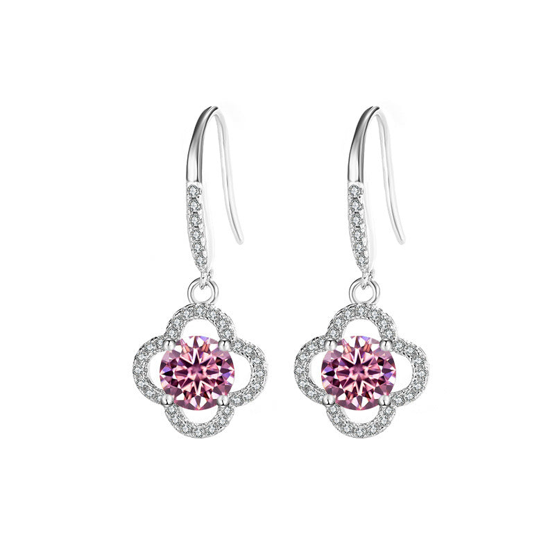 Cross-Border S925Sterling Silver Moissanite Four-Leaf Clover Ear Hooks Xiaohongshu Earrings Cluster Full Diamond Elegant Simple Women's Ear Jewelry