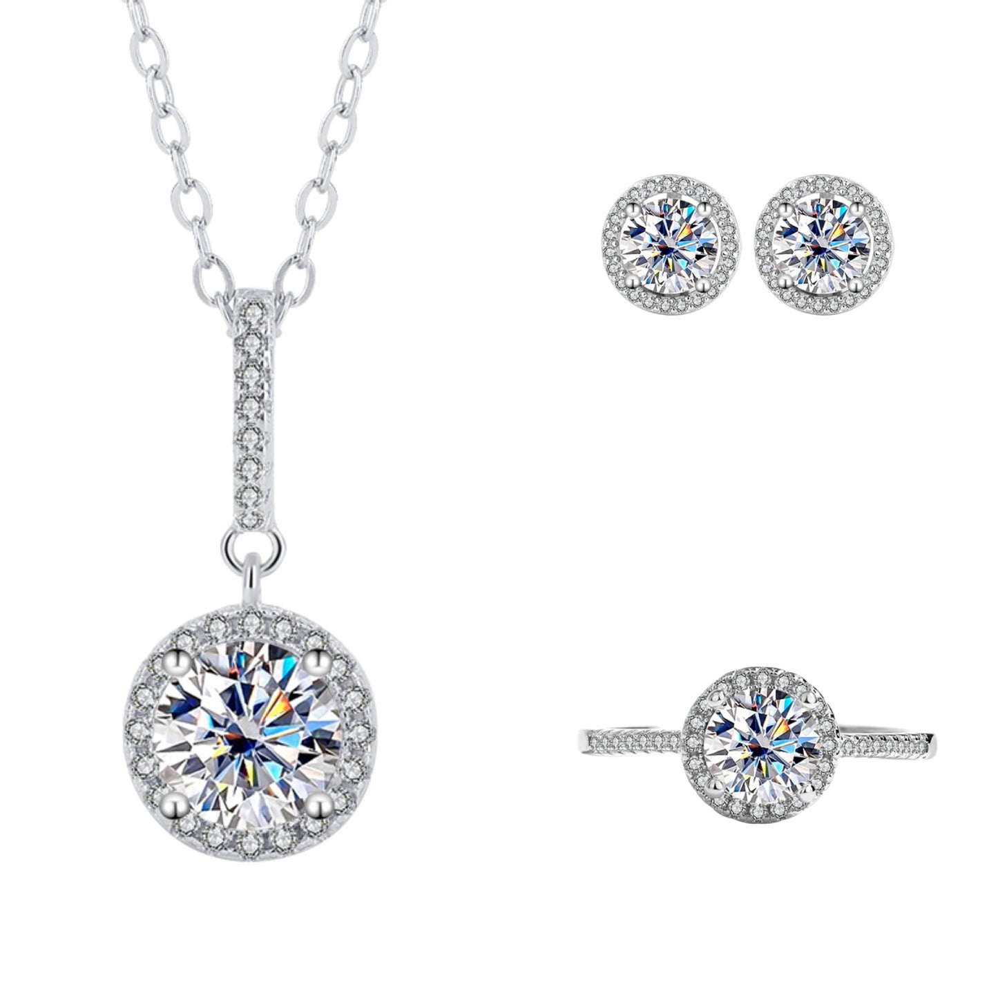 Cross-Border S925Sterling Silver Moissanite Round Bag Three-Piece Set Women's Ring Necklace Women's Earrings TikTok Live Factory Wholesale