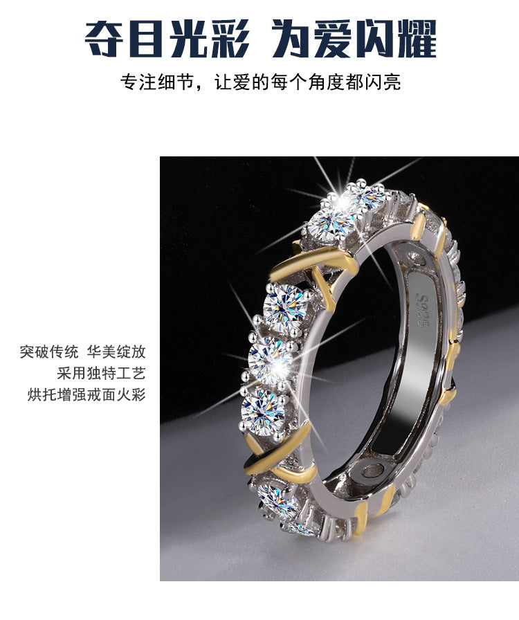 Cross-Border S925Sterling Silver Classic Cross Two-tone Row Ring Moissanite Diamond Ring Moissanite Diamond Ring Female Factory Wholesale