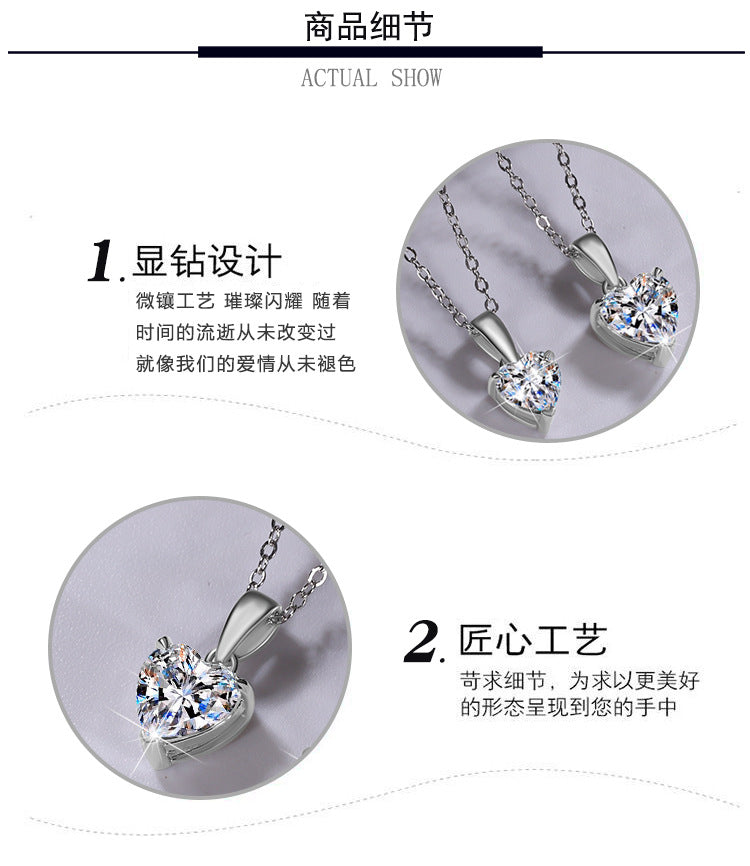 Cross-border hot selling S925Sterling Silver Moissanite Pendant Heart Necklace for Women European and American Simple Collarbone Chain Factory Wholesale