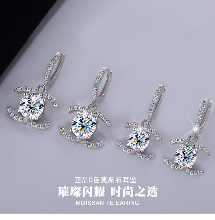Europe and America925Sterling Silver Double C Chanel Style Moissanite Earrings for Women, Korean and Japanese High-End Moissanite Earrings, Factory Wholesale