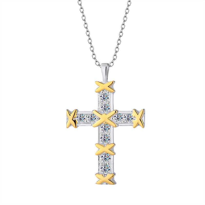 Cross-Border S925Sterling Silver European and American Fashion High-End Full Diamond Cross Moissanite Necklace for Women Collarbone Chain Factory Direct Sale
