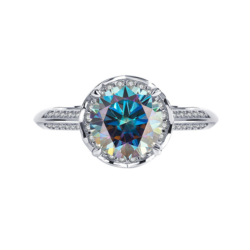 Exclusive for cross-border S925Silver Rose Fountain Colorful Moissanite Ring for Women Pure Silver Platinum Diamond Imitation Diamond Wholesale