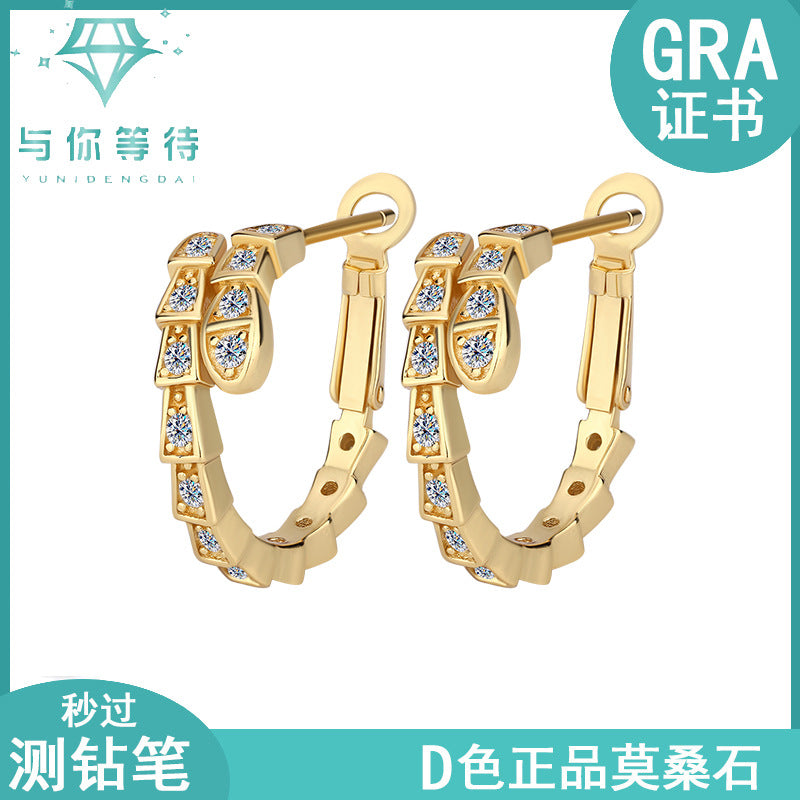 Cross-Border Europe and America S925Pure Silver Full Moissanite Full Diamond Snake-shaped Earrings Female Moissanite Stone fashion High-end Sense Factory Wholesale