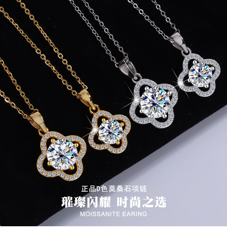 S925Sterling Silver Moissanite Four-Leaf Clover Necklace Flower Pendant Fashion High-End Moissanite Collarbone Chain Factory Wholesale