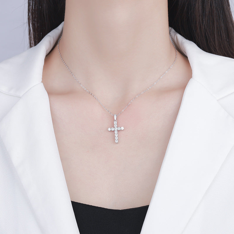 Exclusive for cross-border S925Sterling Silver Cross Necklace for Women with Moissanite Diamond Pendant, Popular Collarbone Chain for Live Streaming Wholesale