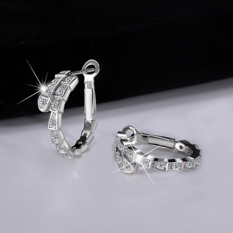 Cross-Border Europe and America S925Pure Silver Full Moissanite Full Diamond Snake-shaped Earrings Female Moissanite Stone fashion High-end Sense Factory Wholesale