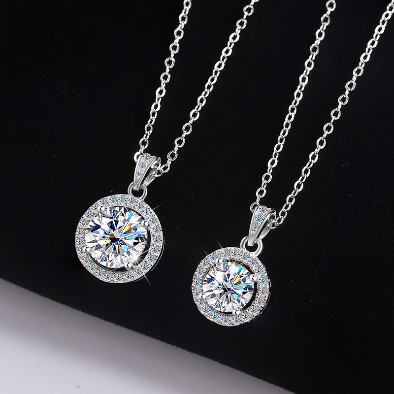 Cross-Border S925Sterling Silver Four-Claw Round Bag Necklace for Women, Moissanite Necklace Pendant, High-End Sweater Chain, Factory Wholesale
