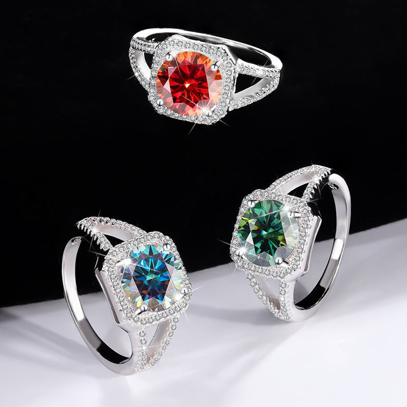 Exclusive for cross-border S925Silver Luxury Square Bag Colorful Moissanite Ring for Women Pure Silver White Gold Diamond Simulated Diamond Wholesale