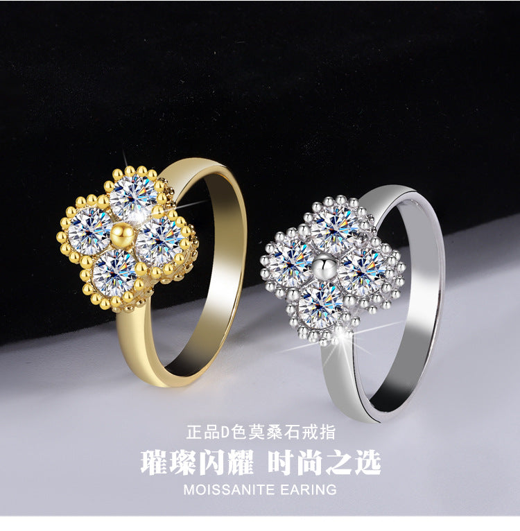 Cross-border hot selling S925Sterling Silver Four-Leaf Clover Moissanite Ring Full Diamond Moissanite Simple Women's Ring Factory Direct Sale