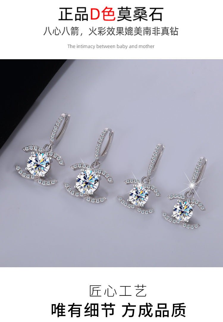 Europe and America925Sterling Silver Double C Chanel Style Moissanite Earrings for Women, Korean and Japanese High-End Moissanite Earrings, Factory Wholesale