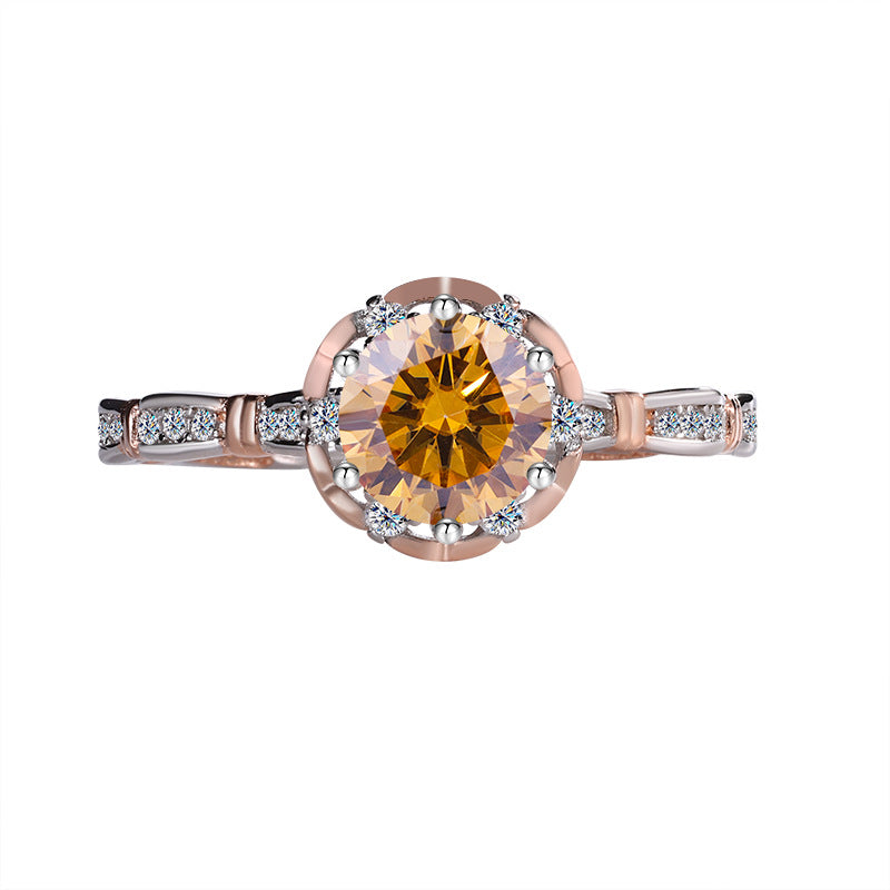 Europe and america cross border S925Sterling Silver Moissanite Princess Rose Handheld Flower Diamond Ring Six-Prong Luxury Cluster Setting Color-Blocked Women's Ring