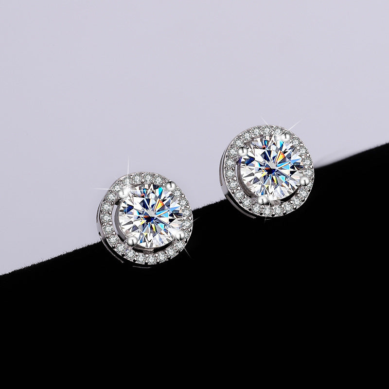 s925Pure Silver Genuine Moissanite Round Stud Earrings Elegant Simple Moissanite Gift Ear Jewelry Live Streaming Source