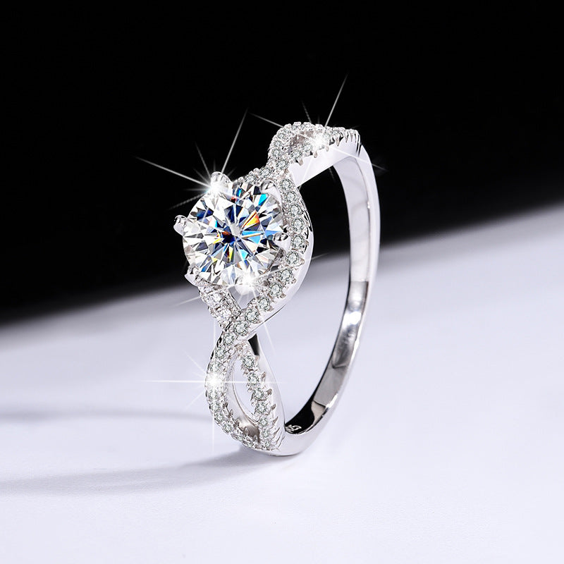 Factory Direct Sale Pure Silver Ring for Women with Moissanite Twist Arm Halo Diamond Ring One Carat Adjustable Women's Live Streaming Source Exquisite