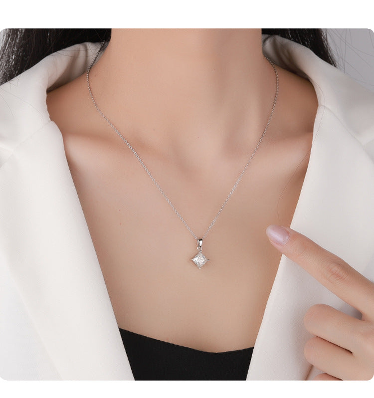 Cross-border hot selling S925Sterling Silver Princess Cut Moissanite Pendant Necklace for Women Collarbone Chain Pendant Valentine's Day Gift