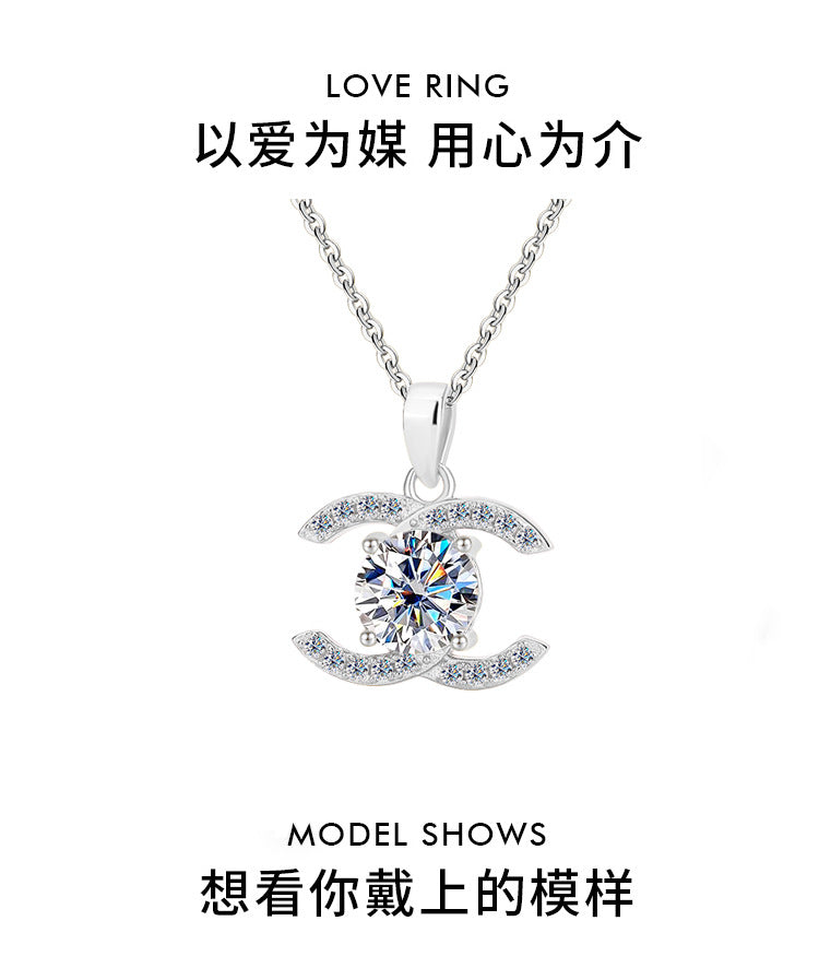 Europe and america cross border S925Pure Silver Moissanite Double C Pendant Chanel Style Elegant Versatile Full Diamond Necklace Factory Wholesale