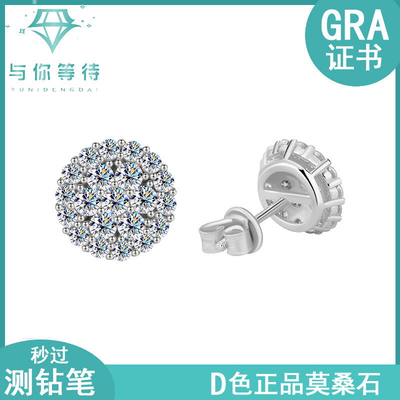 Europe and america cross border S925Sterling Silver Hip-Hop Style Full Diamond Moissanite Trendy Personality High-End Unisex Earrings