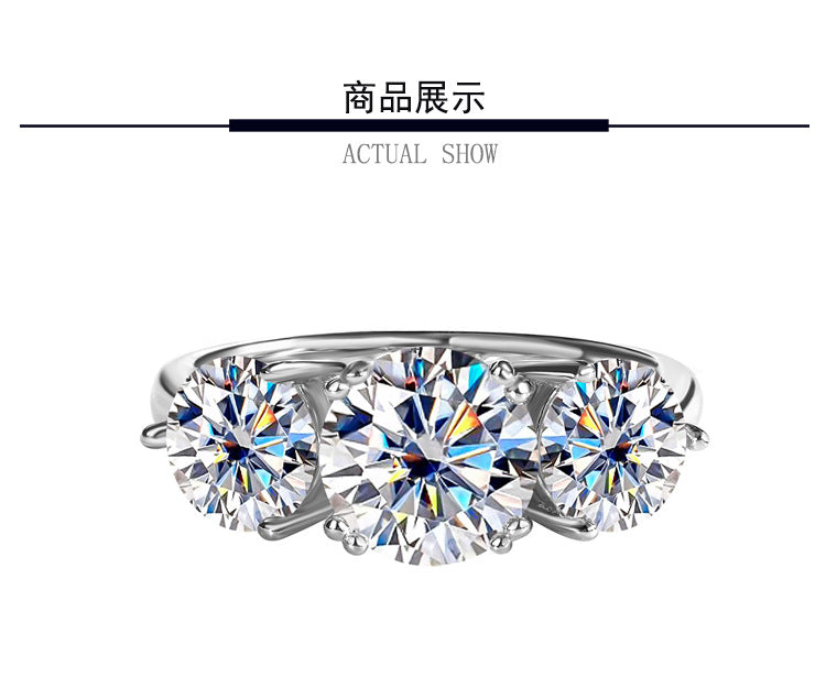 Cross-Border Europe and America S925Silver Moissanite Three Lives Stone4Carat Ring Fashion Light Luxury Style Women's Wedding Ring Wholesale