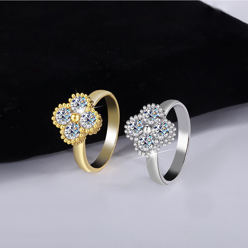 Exclusively for Europe and America S925Sterling Silver Moissanite Four-Leaf Clover Ring Full Diamond Moissanite High-End Women's Ring Factory Wholesale