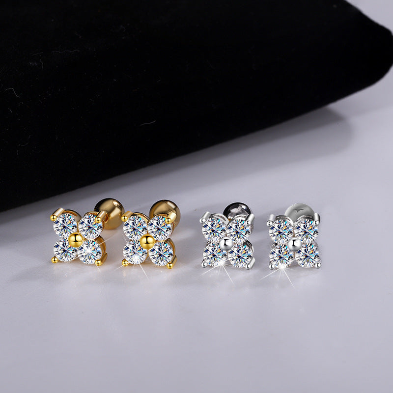 Exclusive for cross-border S925Sterling Silver Moissanite Four-Leaf Clover Screw Earrings High-End Jewelry Flower Full Diamond Factory Wholesale
