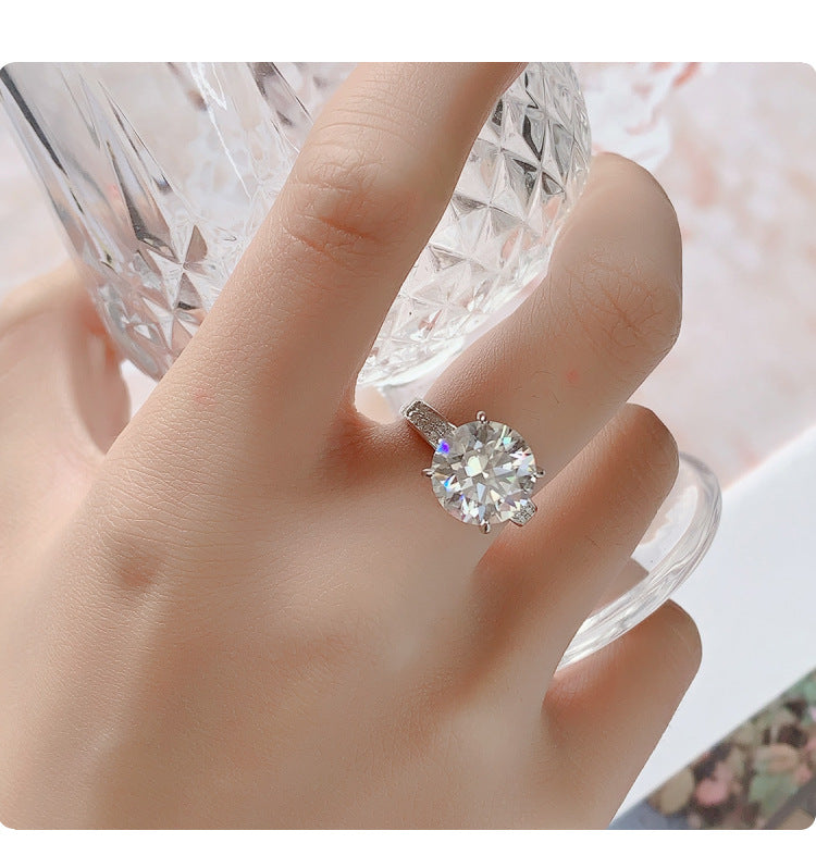 Amazon Hot Sale S925Silver Korean Version Four-Claw Moissanite Women's Ring Double Row with Diamond Pigeon Egg Ring Factory Direct Sale