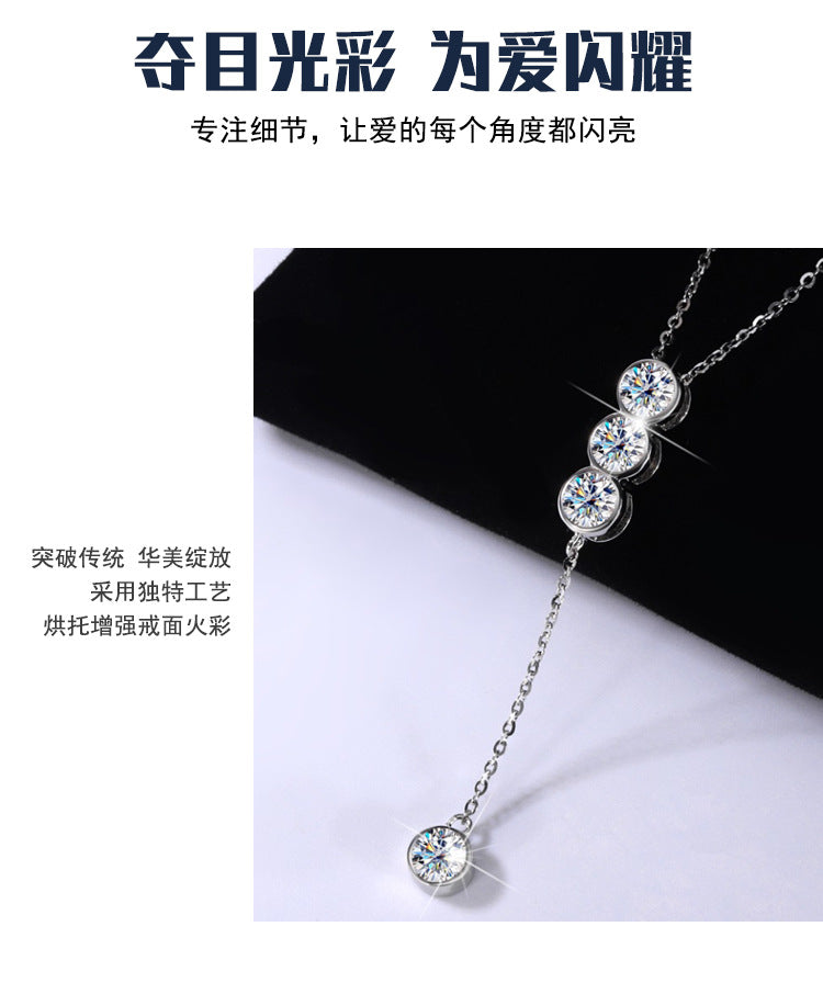 Cross-Border S925Pure Silver Tassel Necklace for Women with Moissanite Diamond Pendant, Simple and Luxurious Versatile Collarbone Chain, Wholesale from Manufacturer