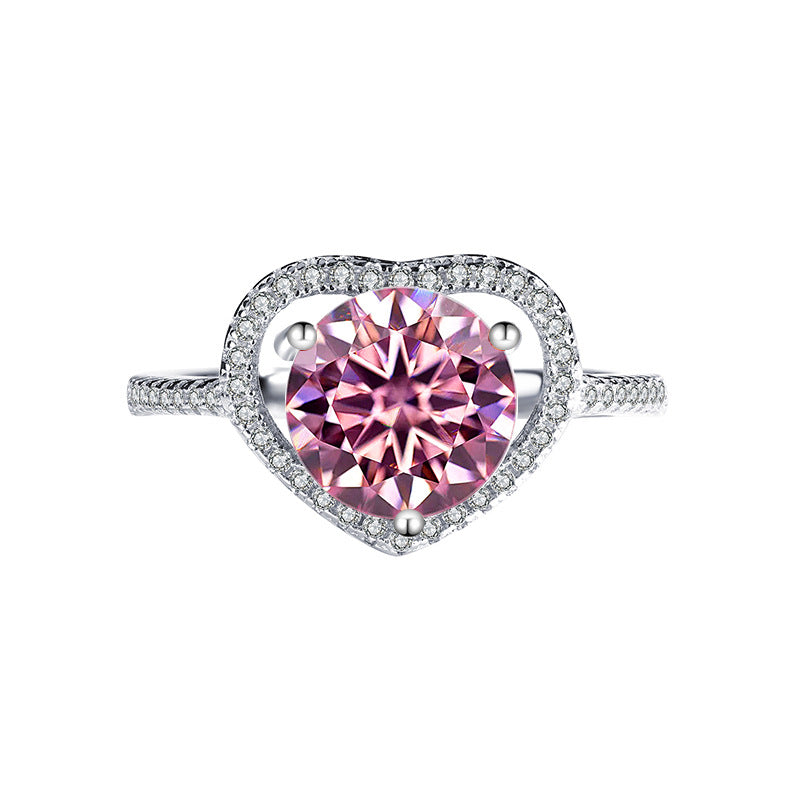 Exclusive for cross-border S925Silver Heart Women's Ring Colorful Moissanite Ring Women's Pure Silver White Gold Diamond Simulated Diamond Wholesale