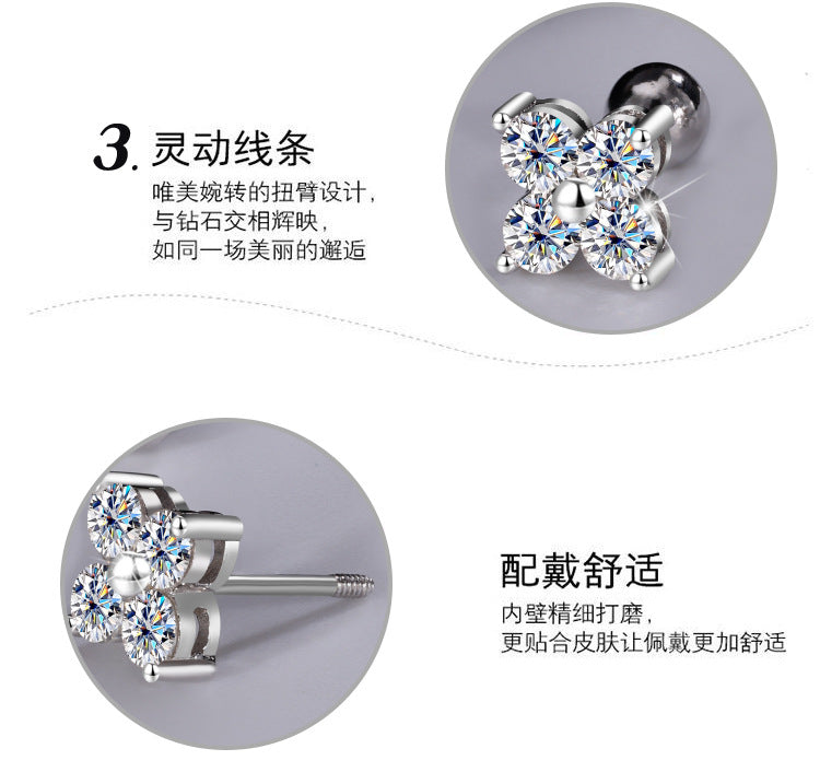 Exclusive for cross-border S925Sterling Silver Moissanite Four-Leaf Clover Screw Earrings High-End Jewelry Flower Full Diamond Factory Wholesale