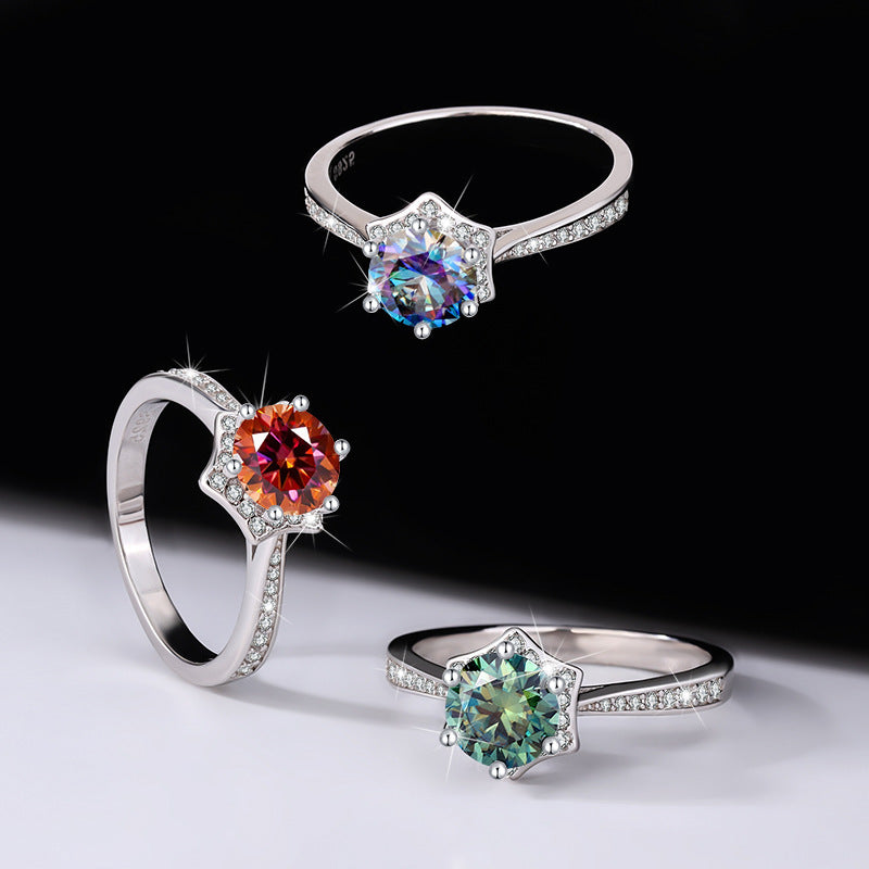 S925Sterling Silver Colorful Moissanite Hexagram Diamond Ring for Women Couple Rings Wedding Proposal Birthday Gift for Girlfriend