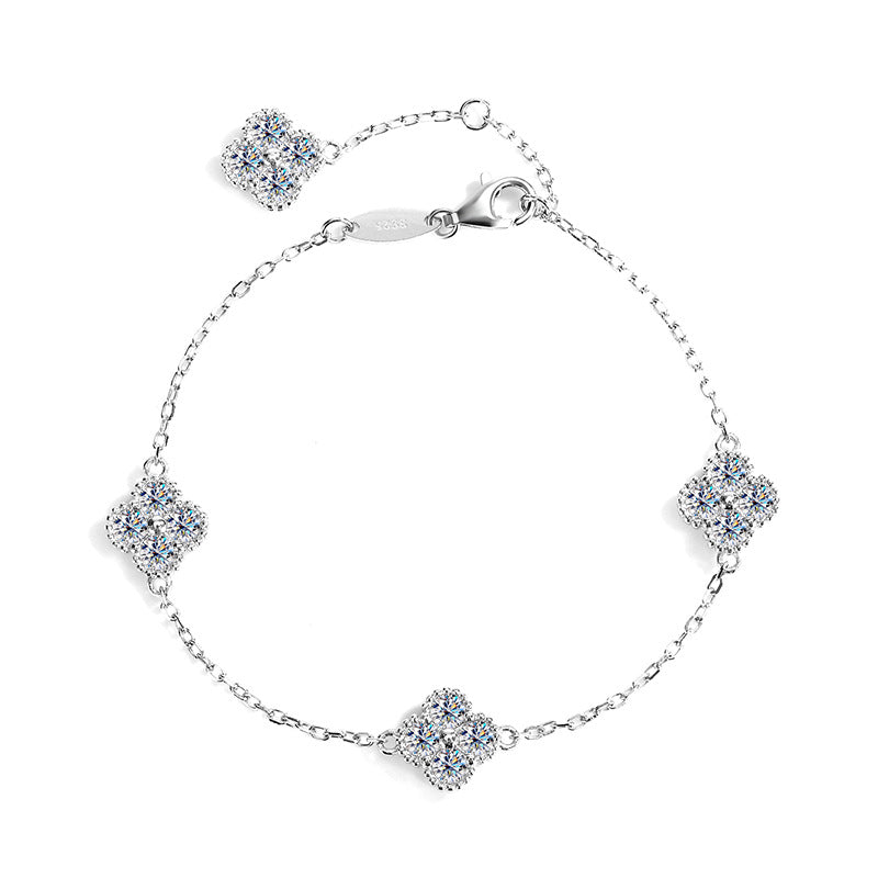 S925Silver Moissanite Four-Leaf Clover Bracelet Moissanite Simple Women's Bracelet TikTok Kuaishou Live Streaming Factory Direct Sale