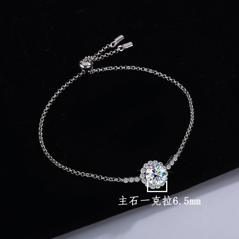 S925Sterling Silver Moissanite Round Bracelet Fashion Simple Small Daisy Bangle for Women Adjustable Size Factory Wholesale