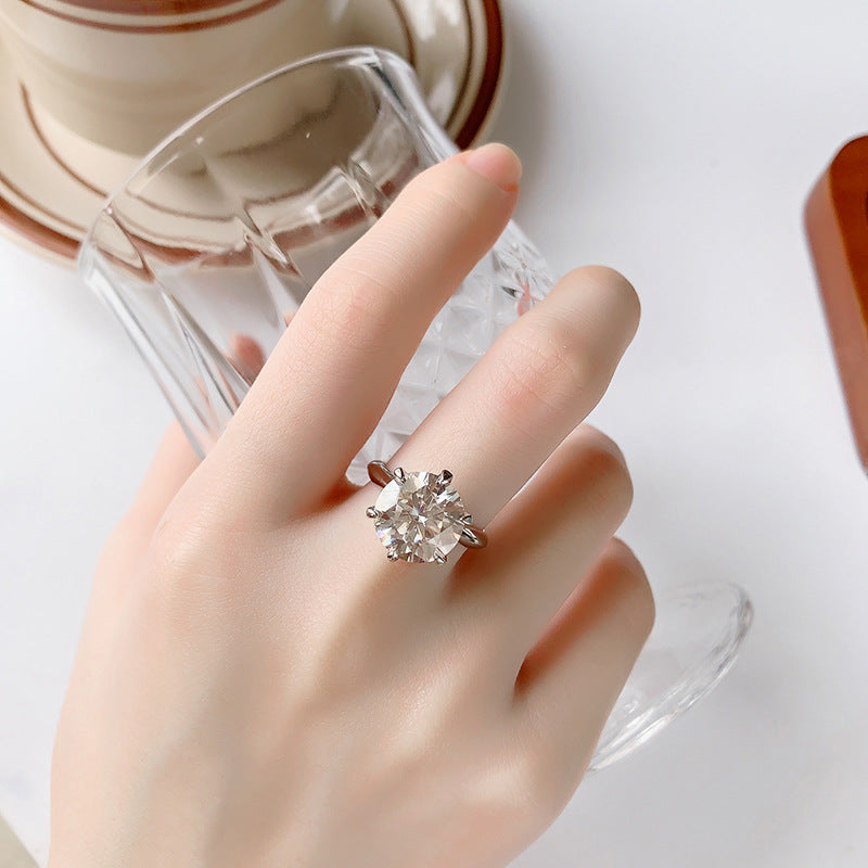 Cross-Border S925Silver T Six-Claw Moissanite3Carat5Carat Ring Classic Six-Prong Crown Proposal Ring Wholesale